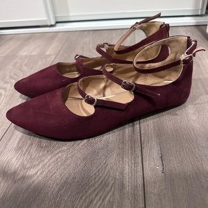 Report burgundy pointy flats and with 3 straps